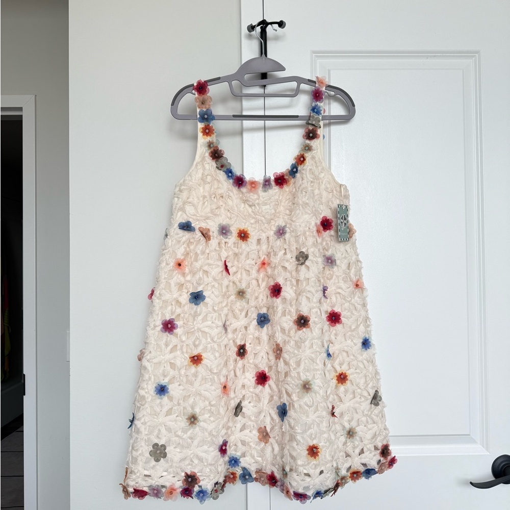 White Embellished Floral-Trim Mini Dress - Picture 2 of 6